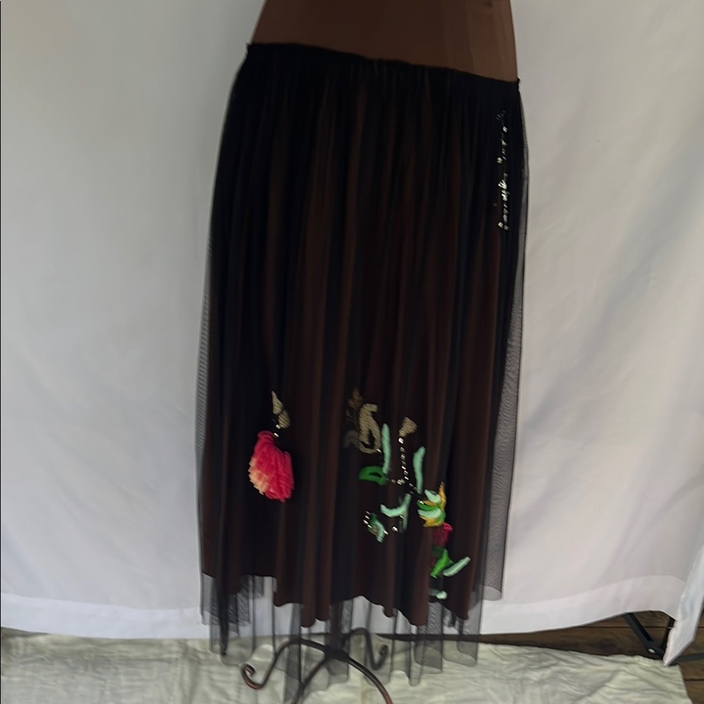Vintage Chan Luu Brown and Black Embroidered A-Line Skirt NWOT